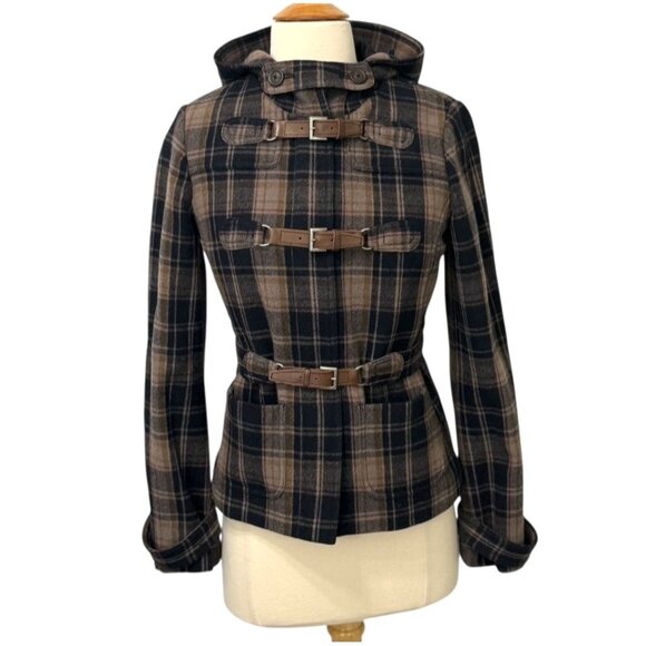 Juicy Couture Jackets & Blazers - Vintage Juicy Couture Navy Plaid Wool Cashmere Coat Jacket Belted Hooded Size 2